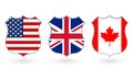 Flag of US, Canada and UK in the shape of a police badge. American, Canadian and British national symbol. Vector illustration. Royalty Free Stock Photo